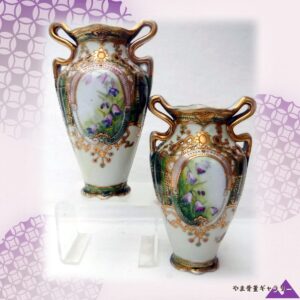 【並び立つ二本のスイートピー】オールドノリタケ ジュエル装飾 花文 双耳花瓶 一対 金彩
