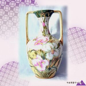 【菖蒲ゆれる金緑の野】オールドノリタケ ジュエル装飾 菖蒲文 両耳花瓶 金彩