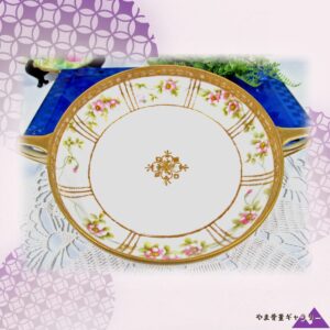 【淡紅の花が金の格子に咲く】オールドノリタケ 花文 両手鉢 金彩 ビーズ