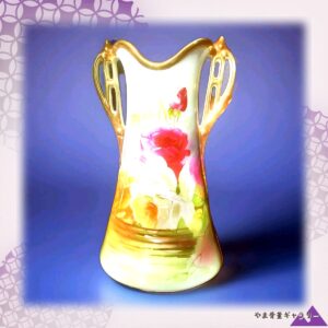 【流れる金の把手に薔薇】オールドノリタケ 金盛 薔薇文 双耳花瓶 金彩