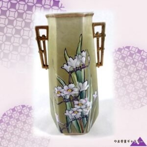【萌黄の地に咲く白水仙】オールドノリタケ 水仙文 両耳花瓶 金彩