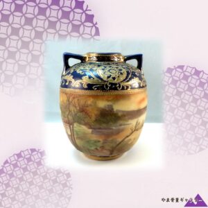 【紺地の金が湖辺を抱く】オールドノリタケ 金盛 風景文 両耳花瓶 コバルト金彩
