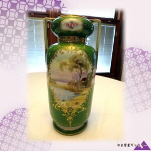 【翠釉にひらく窓辺】オールドノリタケ 風景文 両耳花瓶 金彩 ジュエル装飾