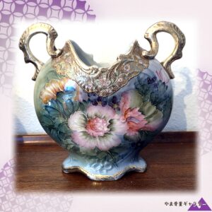 【緑陰にこぼれる薔薇】オールドノリタケ ジュエル装飾 薔薇文 双耳花瓶 金彩