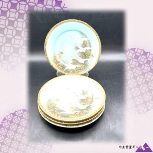【葦原へ舞い降りる雁】オールドノリタケ 金盛 飛雁文 取皿 四枚揃 金彩