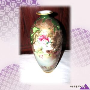 【緑地に金の花葉のびる】オールドノリタケ 金盛 薔薇文 花瓶 金彩