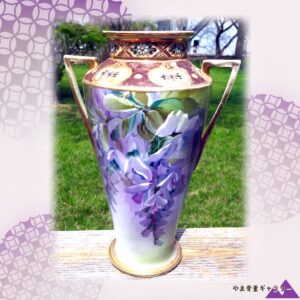 【ふさ垂れる藤の紫】オールドノリタケ ジュエル装飾 藤文 双耳花瓶 金彩