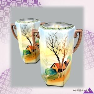 【枯木立に小家が憩う】オールドノリタケ 風景文 両耳花瓶 一対