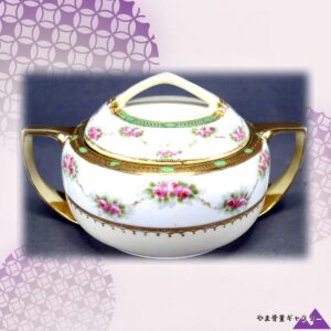 【薔薇環る翠玉の蓋物】オールドノリタケ 薔薇文 蓋物 金彩 ジュエル装飾