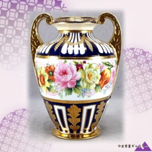 【瑠璃に映える花束】オールドノリタケ コバルト金彩 薔薇文 双耳花瓶