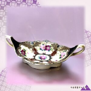 【黒地に咲く舟形の薔薇】オールドノリタケ 金盛 薔薇文 舟形鉢 金彩