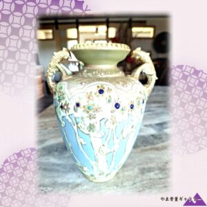 【宝石に埋もれる怪獣】オールドノリタケ ジュエル装飾 樹木文 双耳花瓶 金彩