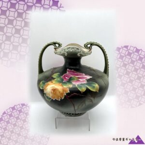 【翠地に燃える大輪】オールドノリタケ 薔薇文 両耳花瓶 金彩