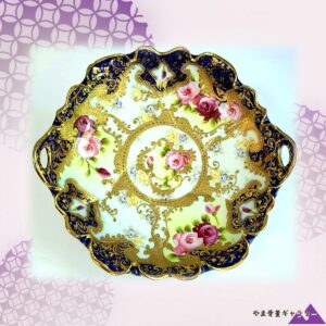 【瑠璃と金のレースに咲く薔薇】オールドノリタケ コバルト金彩 ビーディング 薔薇文 飾鉢