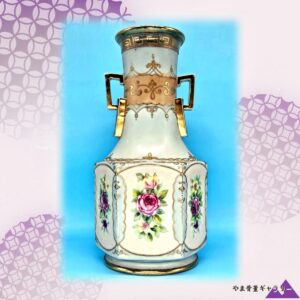 【雷文を戴く薔薇の柱】オールドノリタケ 薔薇文 両耳花瓶 金彩