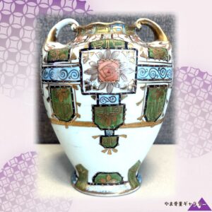 【幾何の金盛に咲く一輪】オールドノリタケ 金盛 薔薇文 両耳花瓶 金彩