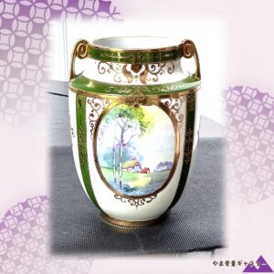 【金の窓に故郷の湖眠る】オールドノリタケ 金盛 風景文 双耳花瓶 金彩