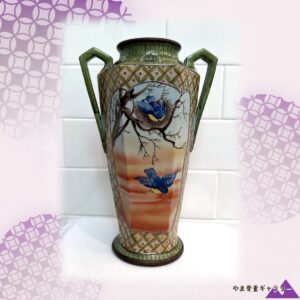 【夕空をわたる青い鳥】オールドノリタケ 盛上 花鳥文 双耳花瓶 金彩