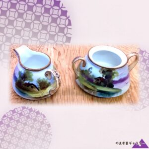 【湖辺はこぶ朝の卓】オールドノリタケ 盛上 風景文 クリーマー&シュガー