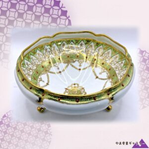 【翠と金にきらめく紅玉】オールドノリタケ ジュエル装飾 雷文 三足鉢 金彩