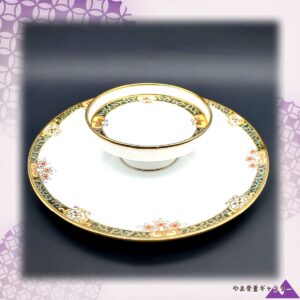【緑と金が縁どる二段の宴】オールドノリタケ アールヌーボー 二段飾皿 金彩