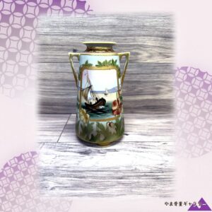 【金彩の枠に港の帆が灯る】オールドノリタケ 金彩 帆船風景文 双耳花瓶