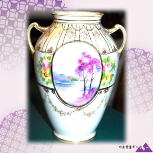 【薔薇の輪にうかぶ水辺】オールドノリタケ 風景文 薔薇文 両耳花瓶 金彩