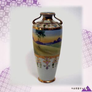 【胴をめぐる夕景】オールドノリタケ 盛上 風景文 双耳花瓶 金彩