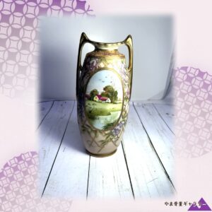 【藤ごしに望む田舎家】オールドノリタケ 藤風景文 双耳花瓶 金彩