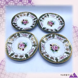 【緑地にめぐる金の唐草】オールドノリタケ 金盛 薔薇文 飾皿 四枚