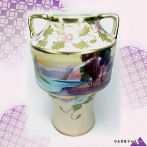 【夕湖をめぐる薔薇の襟】オールドノリタケ 風景文 薔薇文 両耳花瓶 金彩