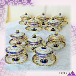 【瑠璃と金で囲む食卓】オールドノリタケ コバルト金彩 蓋付スープ碗 揃