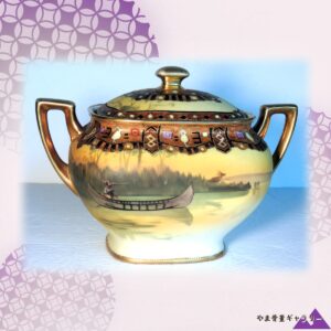 【夕湖をすべる一艘のカヌー】オールドノリタケ ジュエル装飾 風景文 蓋物 金彩