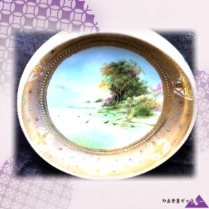 【珠が縁どる山辺の景】オールドノリタケ 風景文 飾鉢 金彩
