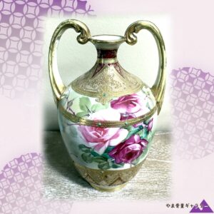 【金の冠をいただく薔薇】オールドノリタケ 金盛 薔薇文 両耳花瓶 ジュエル装飾