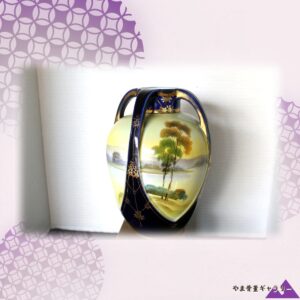 【瑠璃の窓に開く水辺の景】オールドノリタケ コバルト金彩 盛上 風景文 四耳花瓶