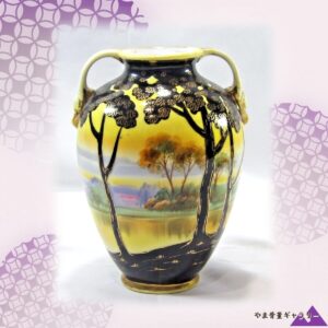 【黄昏の湖に木立沈む】オールドノリタケ 風景文 両耳花瓶 金彩