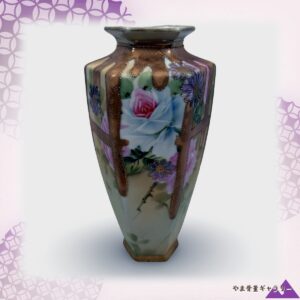 【六稜をめぐる花の帯】オールドノリタケ 金盛 薔薇文 六角花瓶