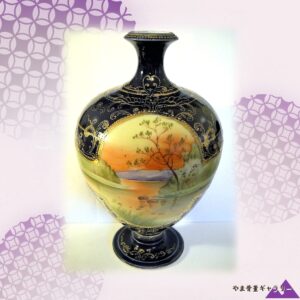 【瑠璃の窓に灯る夕の湖】オールドノリタケ コバルト金彩 風景文 花瓶