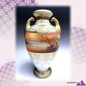 【夕空にひらく枯木】オールドノリタケ 盛上 風景文 双耳花瓶 金彩