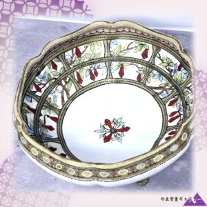 【宝玉が縁取る木立の庭】オールドノリタケ ジュエル装飾 草花文 飾鉢 金彩