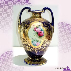 【紺地にきらめく金の唐草】オールドノリタケ コバルト金彩 花文 両耳花瓶
