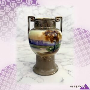 【夕湖をめぐる珠のドレープ】オールドノリタケ 風景文 両耳花瓶 盛上 金彩