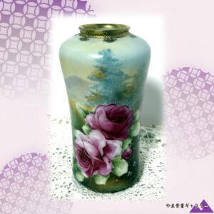 【霞む山を背に咲く大輪】オールドノリタケ 金盛 薔薇文 風景文 花瓶