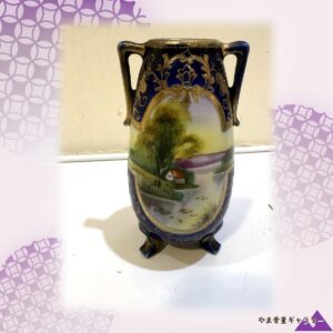 【瑠璃の窓にひらく水辺】オールドノリタケ コバルト金彩 風景文 両耳花瓶
