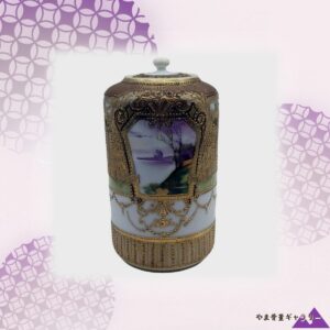 【金の窓にしずむ夕湖】オールドノリタケ 金盛 風景文 蓋物 金彩