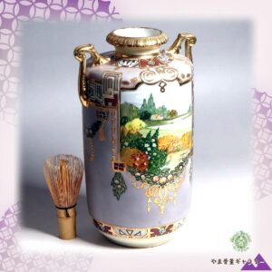 【窓辺にひらく田園の朝】オールドノリタケ 盛上 風景文 双耳花瓶 金彩