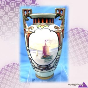 【夕凪の海をゆく帆かげ】オールドノリタケ 帆船文 両耳花瓶 金彩