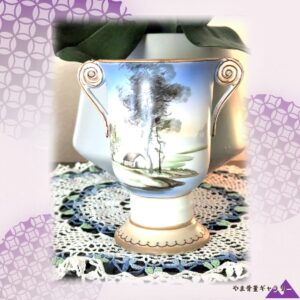 【藍にとける夕暮れの里】オールドノリタケ 風景文 両耳 花瓶 金彩