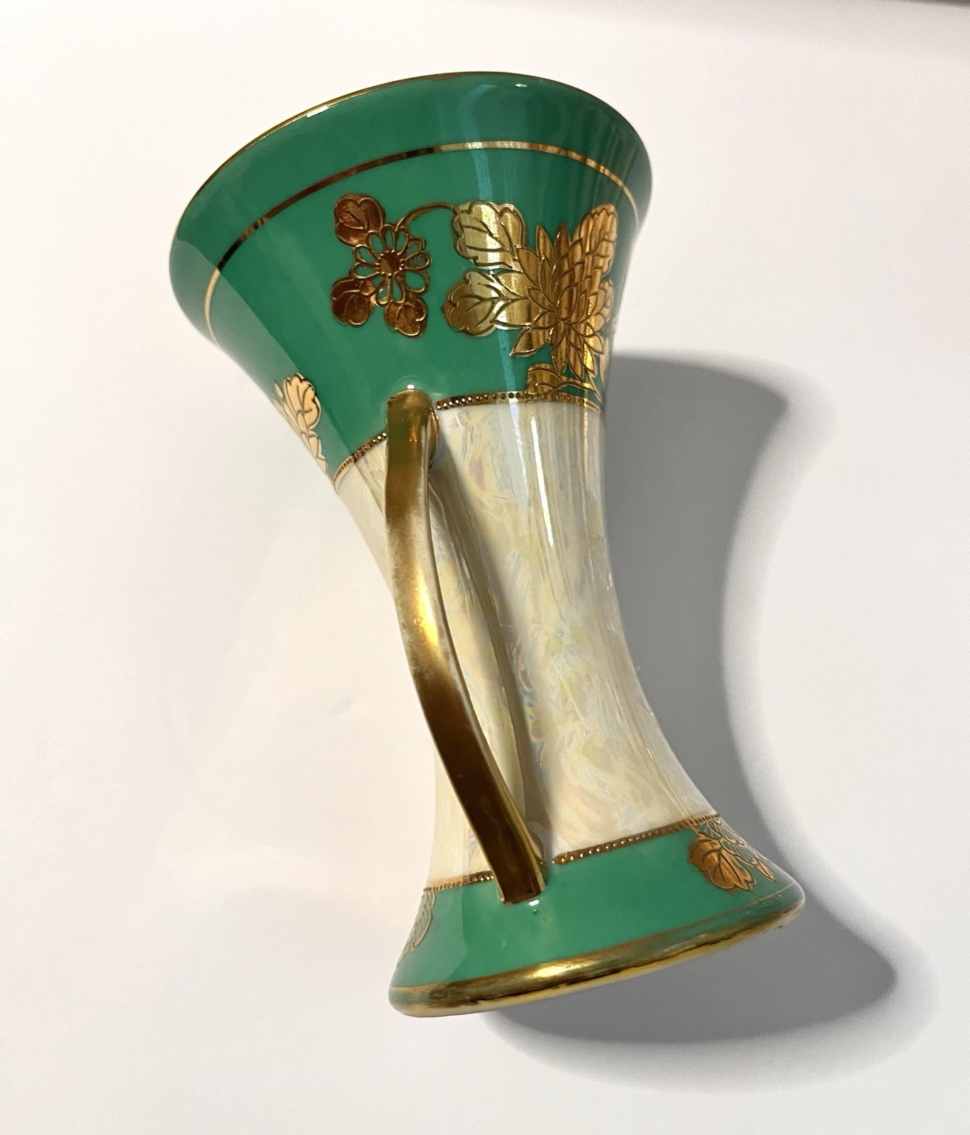 【緑地を舞う金の鳥】オールドノリタケ 金彩 花鳥文 両耳花瓶 ラスター彩 - 画像 (3)